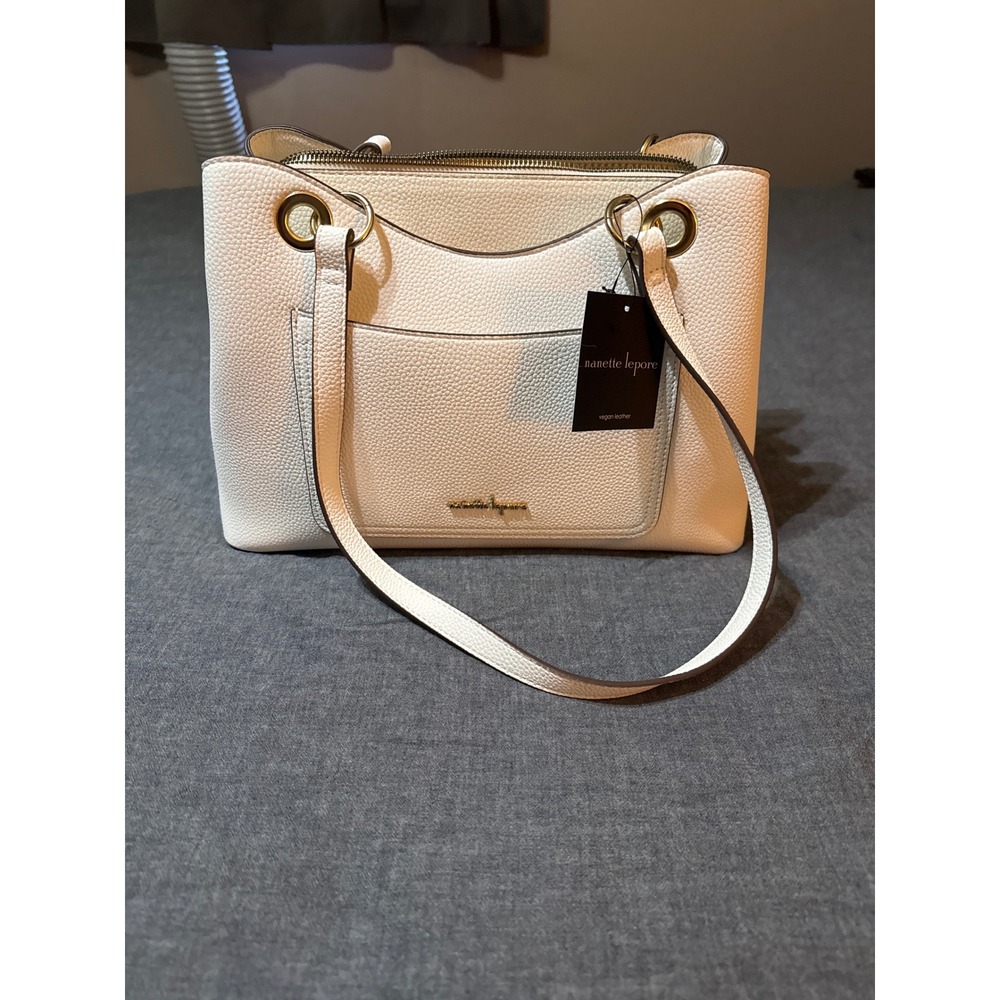Nanette Lepore Cream Pebbled Vegan Leather Triple Compartment Shoulder Bag NWT
